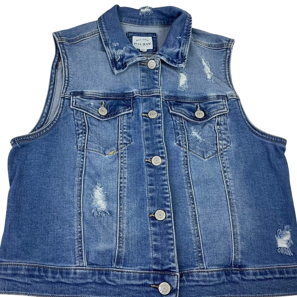 WAX JEAN Denim Vest Blue Distressed Button Front Sleeveless Jacket Women Plus 1X